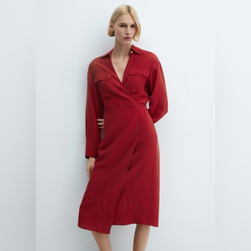Mango red wrapped midi dress NWT